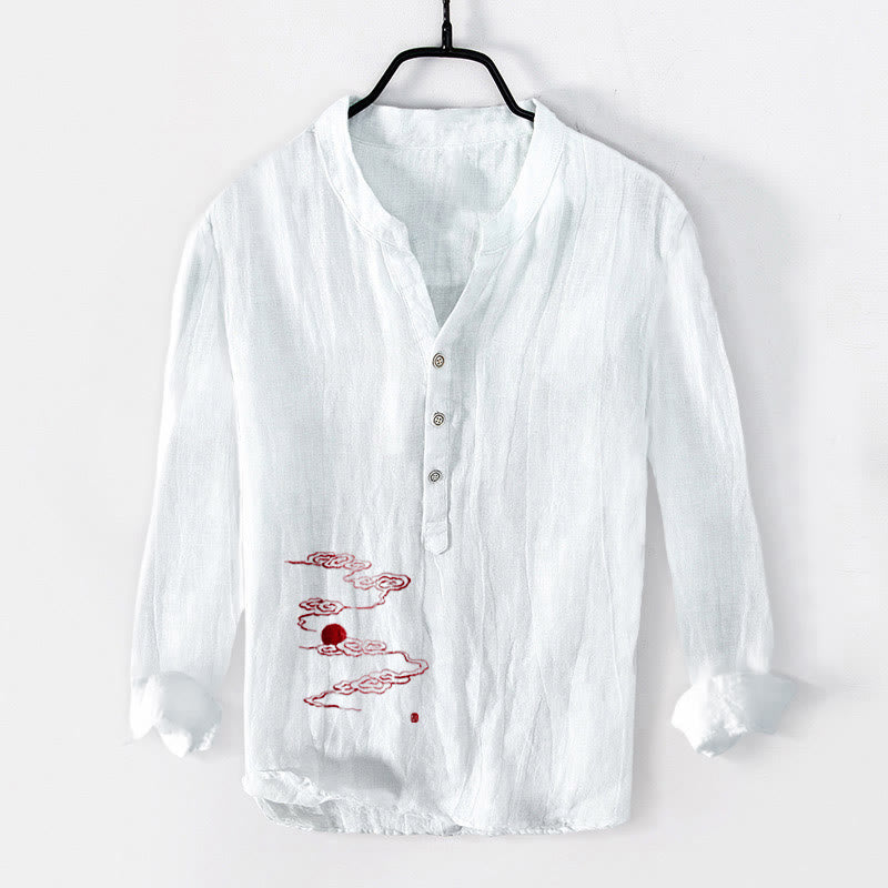 Buddha Stones Auspicious Clouds Red Sun Pattern Half Buttons Men's Cotton Linen Long Sleeve Shirt - White - US/UK/AU50,EU60 (5XL) - image 3