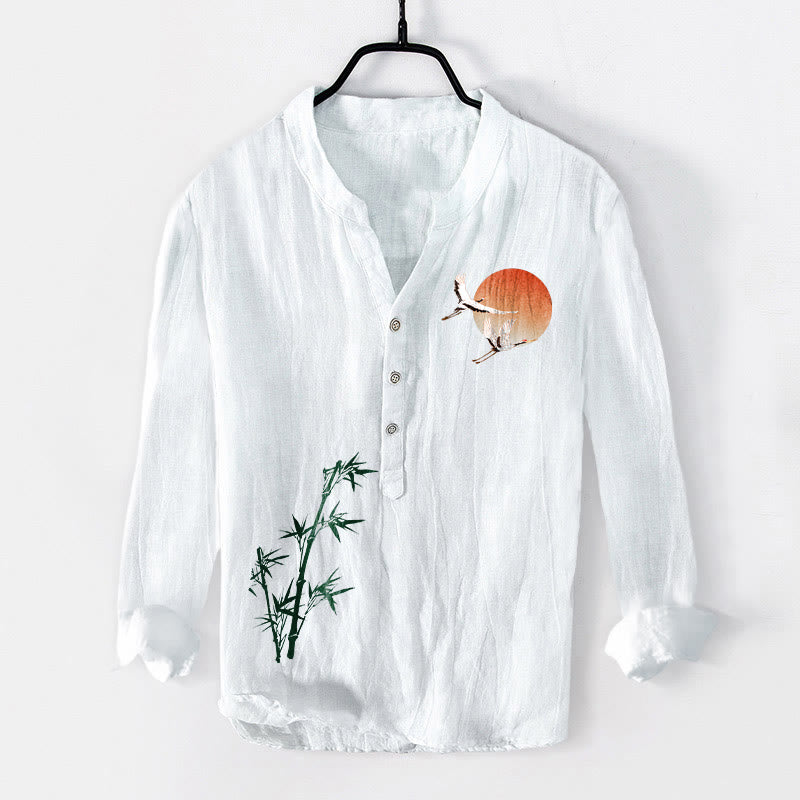 Buddha Stones Sun Crane Bamboo Leaves Pattern Half Buttons Men's Cotton Linen Long Sleeve Shirt - White - US/UK/AU50,EU60 (5XL) - image 6