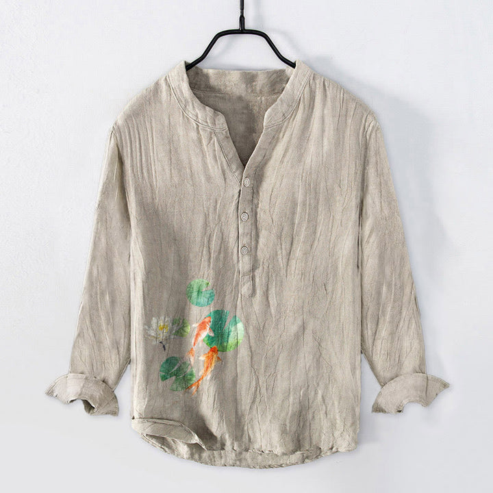 Buddha Stones Koi Fish Lotus Leaves Pattern Half Buttons Men's Cotton Linen Long Sleeve Shirt - Linen - US/UK/AU50,EU60 (5XL) - image 3
