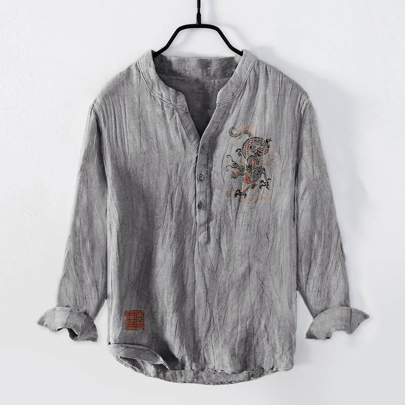 Buddha Stones Dragon Chinese Seal Pattern Half Buttons Men's Cotton Linen Long Sleeve Shirt - Gray - US/UK/AU50,EU60 (5XL) - image 3