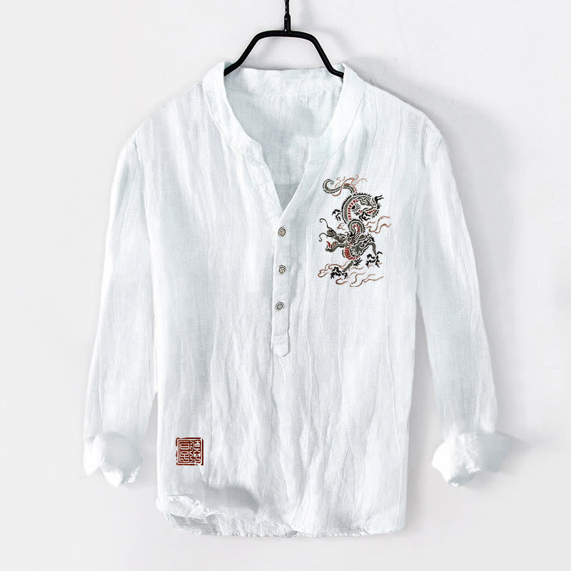 Buddha Stones Dragon Chinese Seal Pattern Half Buttons Men's Cotton Linen Long Sleeve Shirt - White - US/UK/AU50,EU60 (5XL) - image 6