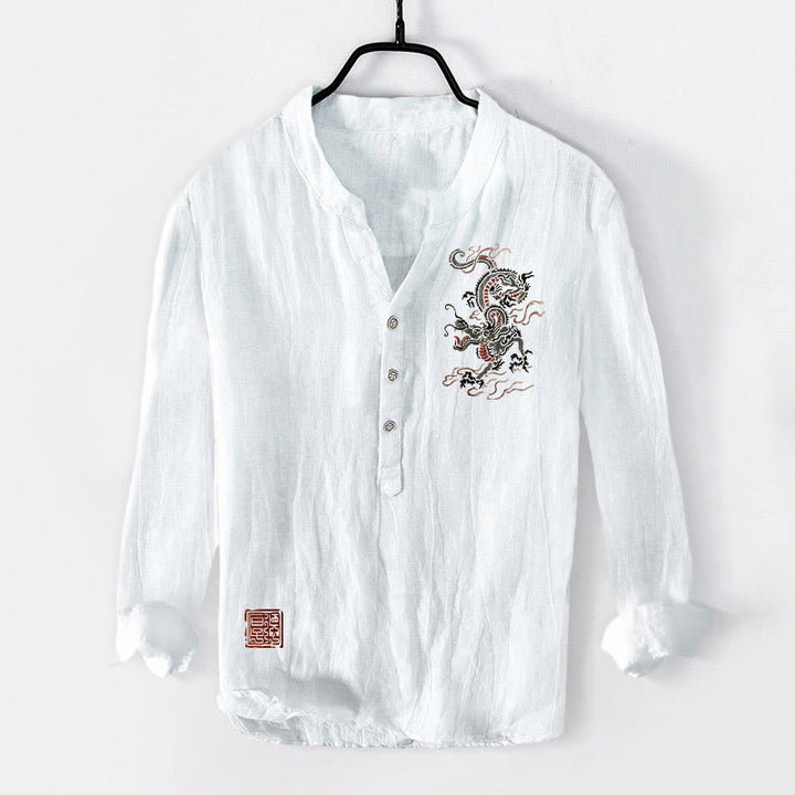 Buddha Stones Dragon Chinese Seal Pattern Half Buttons Men's Cotton Linen Long Sleeve Shirt - White - US/UK/AU50,EU60 (5XL) - image 6