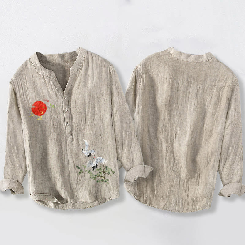 Buddha Stones Sun Crane Pine Tree Branch Pattern Half Buttons Men's Cotton Linen Long Sleeve Shirt - image 8