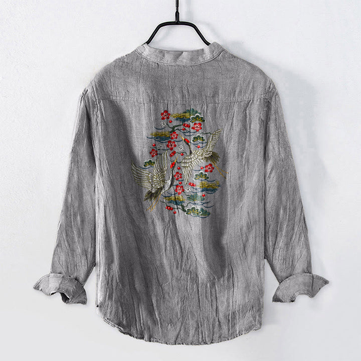 Buddha Stones Crane Pine Tree Flowers Pattern Half Buttons Men's Cotton Linen Long Sleeve Shirt - image 8
