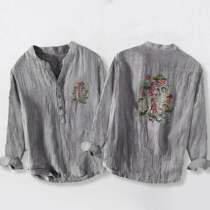 Buddha Stones Crane Pine Tree Flowers Pattern Half Buttons Men's Cotton Linen Long Sleeve Shirt - Gray - US/UK/AU50,EU60 (5XL) - image 6