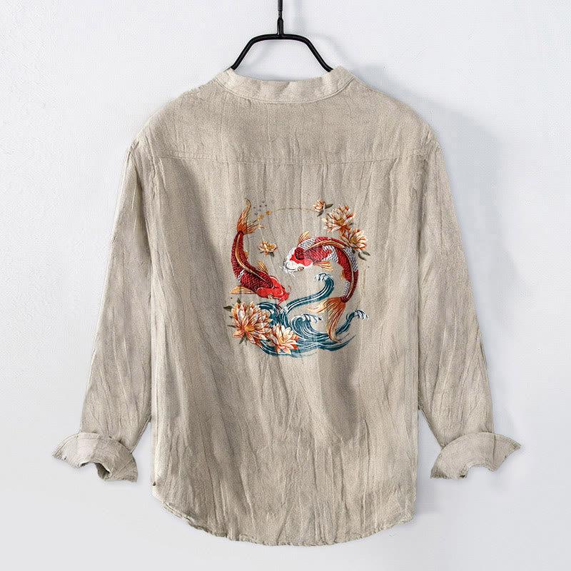 Buddha Stones Koi Fish Lotus Waves Pattern Half Buttons Men's Cotton Linen Long Sleeve Shirt - image 5