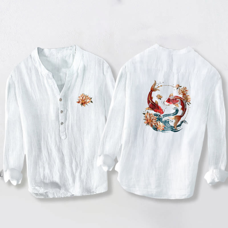 Buddha Stones Koi Fish Lotus Waves Pattern Half Buttons Men's Cotton Linen Long Sleeve Shirt - White - US/UK/AU50,EU60 (5XL) - image 0