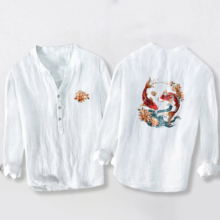 Buddha Stones Koi Fish Lotus Waves Pattern Half Buttons Men's Cotton Linen Long Sleeve Shirt - White - US/UK/AU50,EU60 (5XL) - image 0