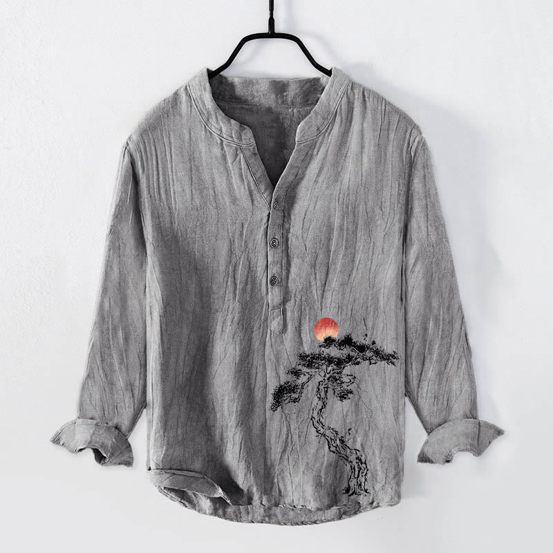 Buddha Stones Pine Tree Red Sun Pattern Half Buttons Men's Cotton Linen Long Sleeve Shirt - Gray - US/UK/AU50,EU60 (5XL) - image 3