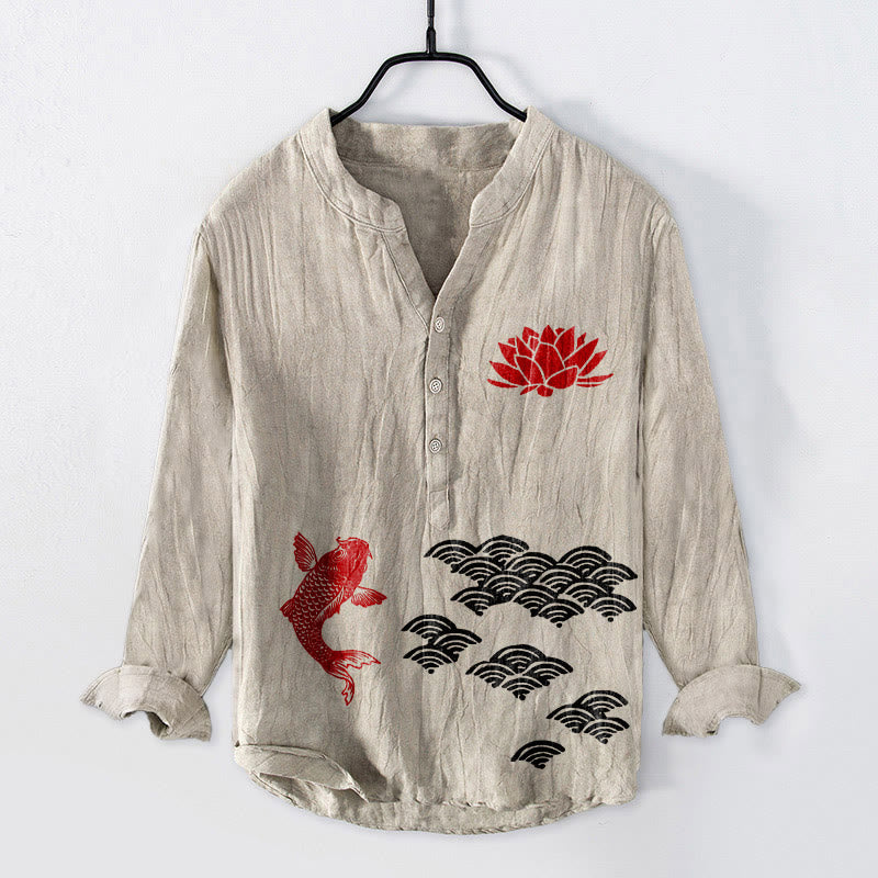 Buddha Stones Koi Fish Lotus Auspicious Clouds Half Buttons Men's Cotton Linen Long Sleeve Shirt - Linen - US/UK/AU50,EU60 (5XL) - image 6
