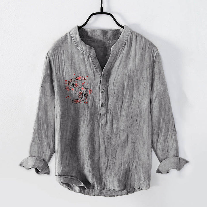 Buddha Stones Koi Fish Yin Yang Pattern Half Buttons Men's Cotton Linen Long Sleeve Shirt - Gray - US/UK/AU50,EU60 (5XL) - image 3