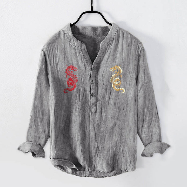 Buddha Stones Double Dragon Pattern Half Buttons Men's Cotton Linen Long Sleeve Shirt - Gray - US/UK/AU50,EU60 (5XL) - image 0