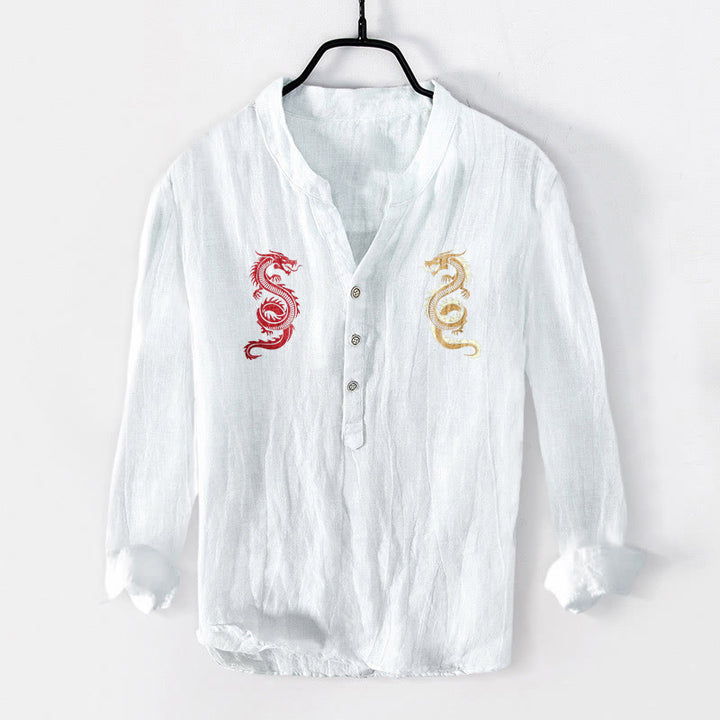 Buddha Stones Double Dragon Pattern Half Buttons Men's Cotton Linen Long Sleeve Shirt - White - US/UK/AU50,EU60 (5XL) - image 3