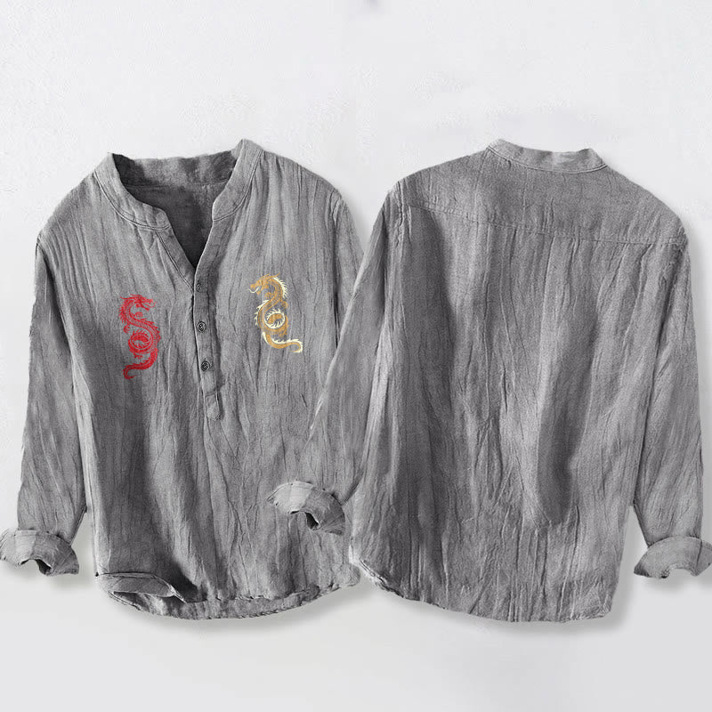Buddha Stones Double Dragon Pattern Half Buttons Men's Cotton Linen Long Sleeve Shirt - image 2