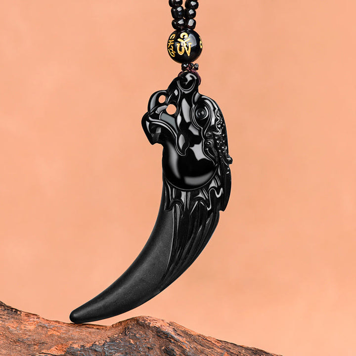 Buddha Stones Natural Black Jade Chinese Zodiac Dragon Tooth Pattern Protection Necklace Pendant - Black Jade(Protectionâ„Calm) - image 1