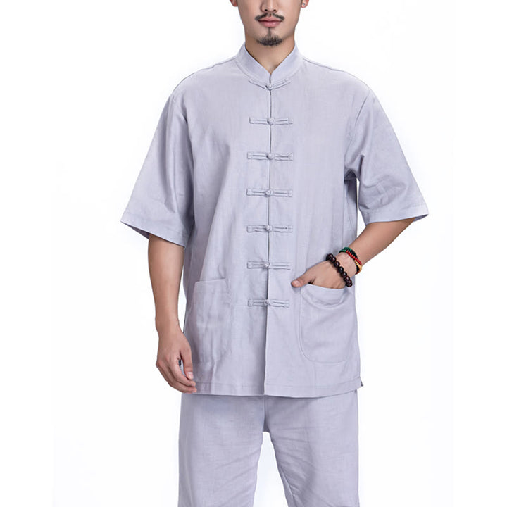 Buddha Stones Chinese Frog Button Design Meditation Prayer Cotton Linen Spiritual Zen Practice Yoga Clothing Men's Set - Gray(Short Sleeve) - US/UK/AU44,EU54 (3XL) - image 20