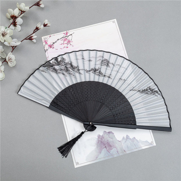 Buddha Stones Mountains Plum Blossom Lotus Magpie Bamboo Leaves Handheld Silk Bamboo Folding Fan 22.5cm