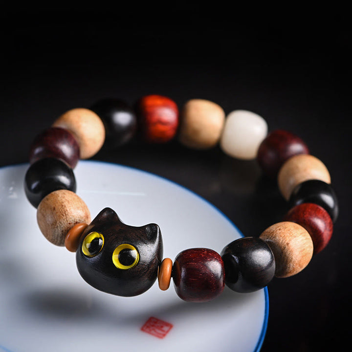 Buddha Stones Small Leaf Red Sandalwood Ebony Wood Cute Cat Engraved Protection Bracelet - Ebony Wood(Balanceā„Calm) - image 1