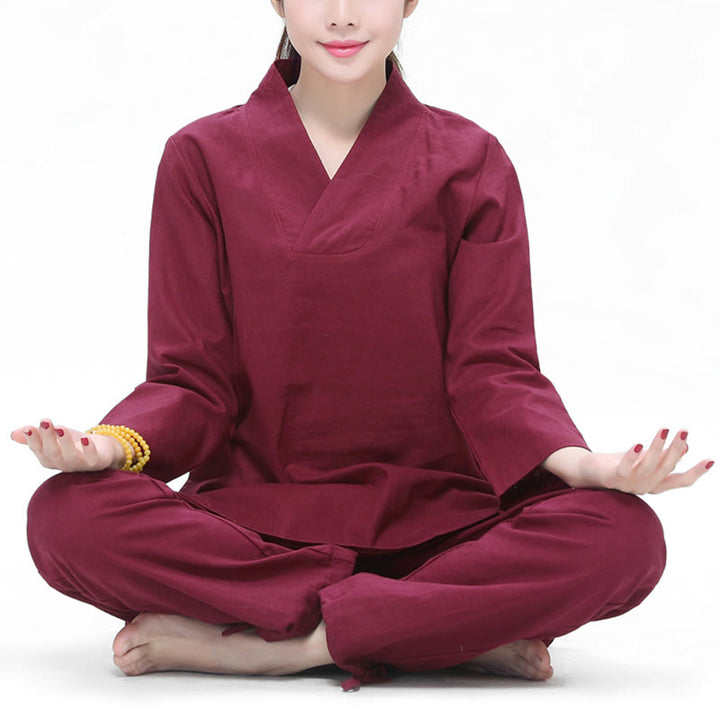 Buddha Stones Zen Practice Yoga Meditation Prayer V-neck Design Uniform Cotton Linen Clothing Women's Set - Dark Red - US6,UK/AU10,EU38 (2XL) - image 0