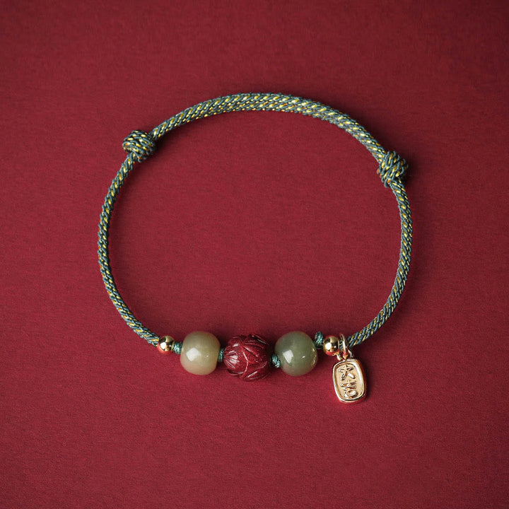 Buddha Stones 14K Gold Plated Hetian Jade Cinnabar Lotus Luck Handcrafted Rope Bracelet - Cyan Rope(Wrist Circumference 13-18cm) - image 11