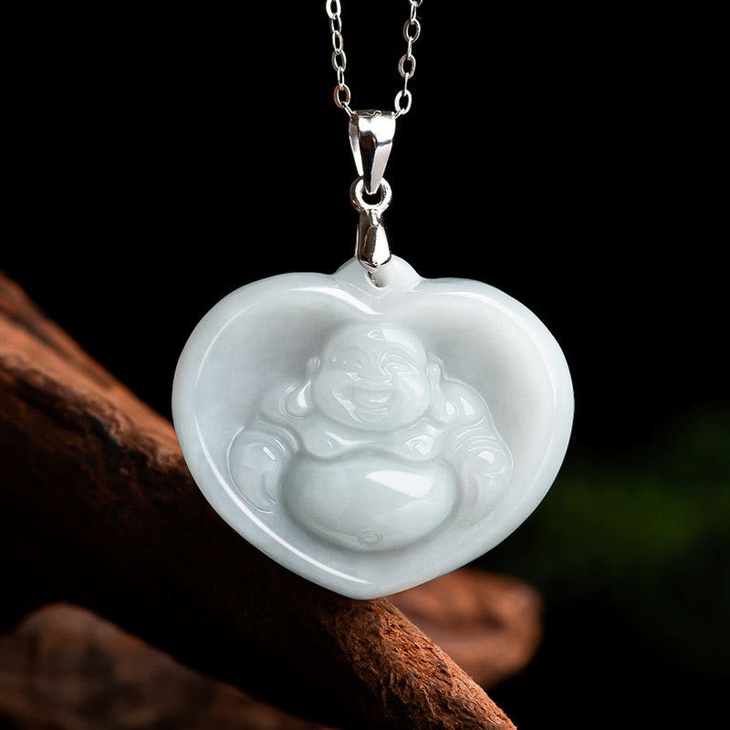 Buddha Stones 925 Sterling Silver Laughing Buddha White Jade Luck Blessing Necklace Pendant - White Jade(Protectionâ„Happiness) - image 1