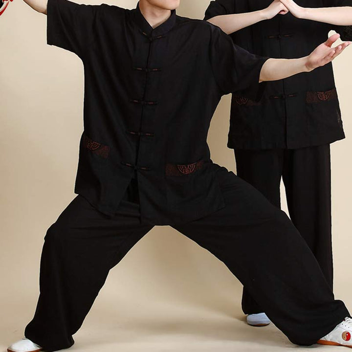 Buddha Stones Meditation Zen Prayer Spiritual Tai Chi Qigong Practice Unisex Embroidery Clothing Set - Short Sleeve Black Embroidery - US14,UK/AU18,EU46 (3XL) - image 24