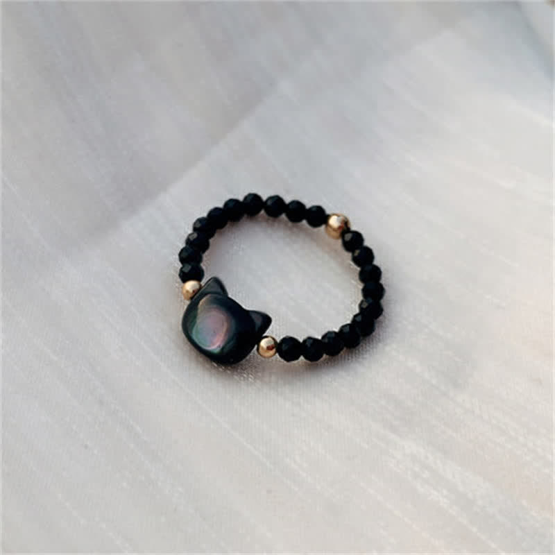 Buddha Stones Natural Tridacna Stone Lovely Cat 14K Gold Blessing Ring - image 5