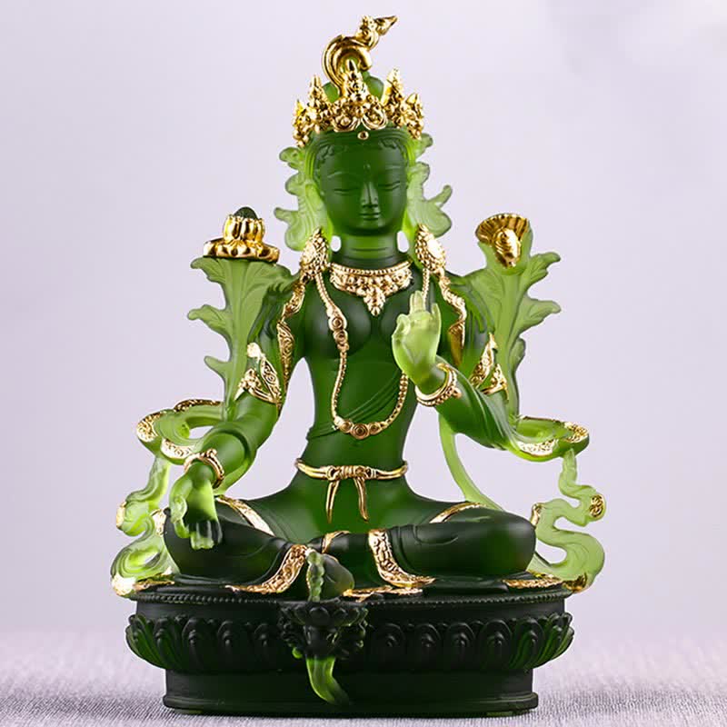 Bodhisattva Green Tara Handmade Liuli Crystal Art Piece Protection Home Office Statue Decoration - image 16