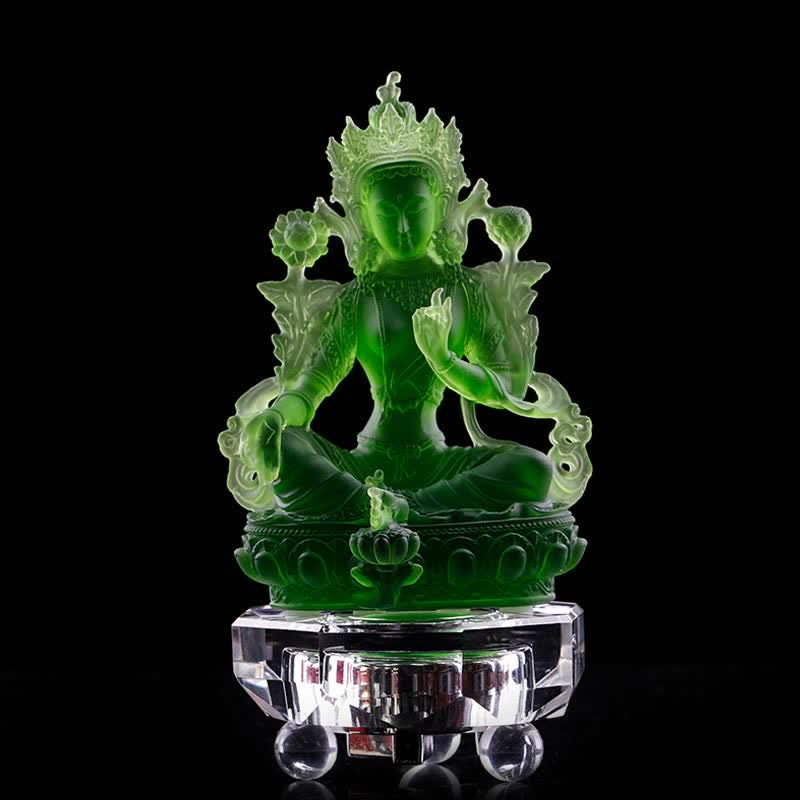 Bodhisattva Green Tara Handmade Liuli Crystal Art Piece Protection Home Office Statue Decoration - 8*6*12.8cm - Green Tara&Base - image 13