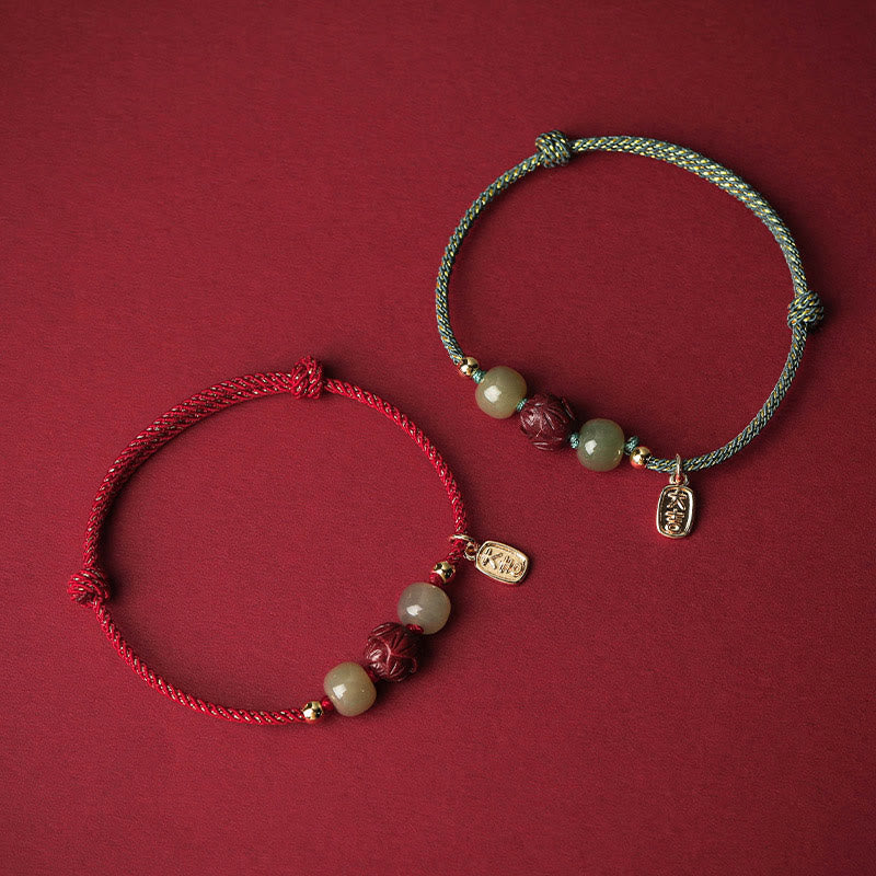 Buddha Stones 14K Gold Plated Hetian Jade Cinnabar Lotus Luck Handcrafted Rope Bracelet - image 1