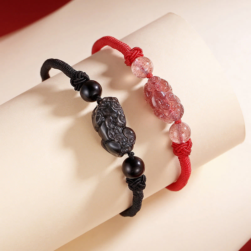Buddha Stones Handmade Natural Silver Sheen Obsidian Strawberry Quartz PiXiu Protection Braided Bracelet - image 1