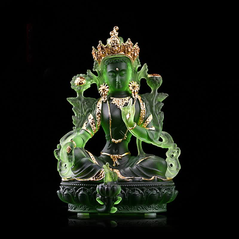 Bodhisattva Green Tara Handmade Liuli Crystal Art Piece Protection Home Office Statue Decoration - 8*6*12.8cm - Gold Green Tara - image 5
