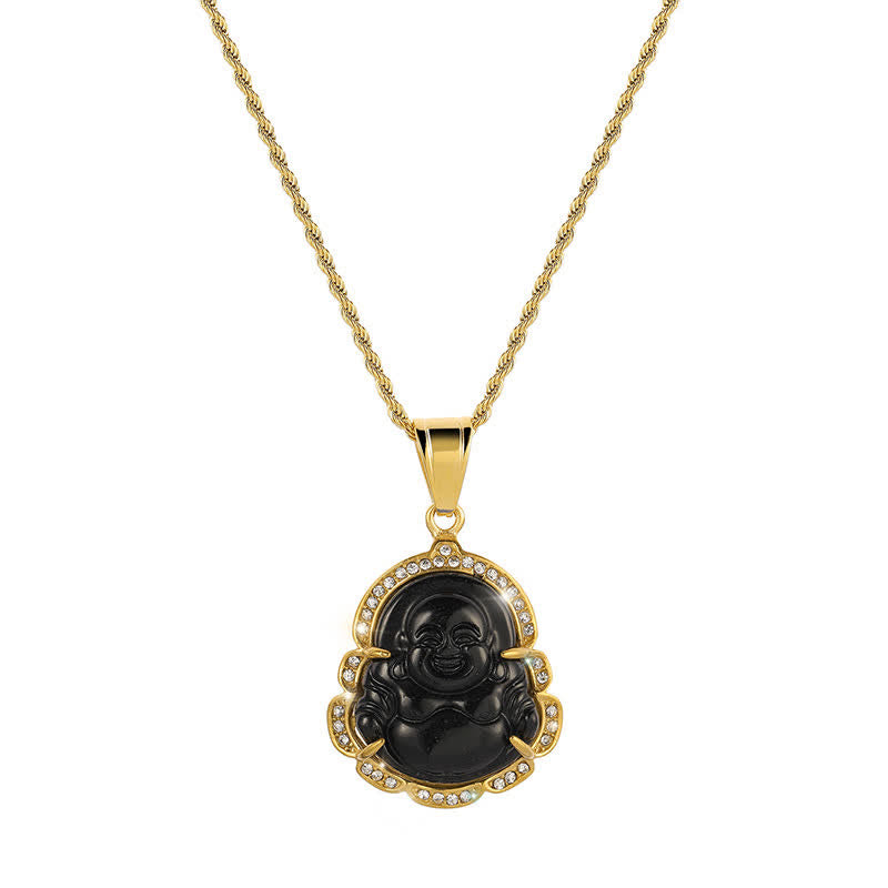 Buddha Stones 18K Gold Filled Laughing Buddha Jade Luck Necklace Chain Pendant - Black - image 10
