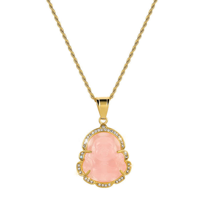 Buddha Stones 18K Gold Filled Laughing Buddha Jade Luck Necklace Chain Pendant - Pink - image 9