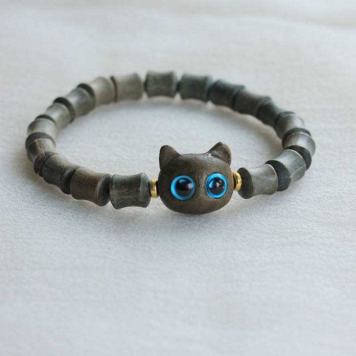 Buddha Stones Ebony Wood Green Sandalwood Cute Cat Peace Bracelet - Green Sandalwood(Cureā„Positive) - image 6