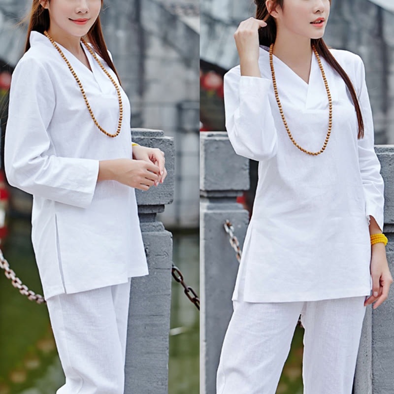 Buddha Stones Zen Practice Yoga Meditation Prayer V-neck Design Uniform Cotton Linen Clothing Women's Set - White - US6,UK/AU10,EU38 (2XL) - image 16