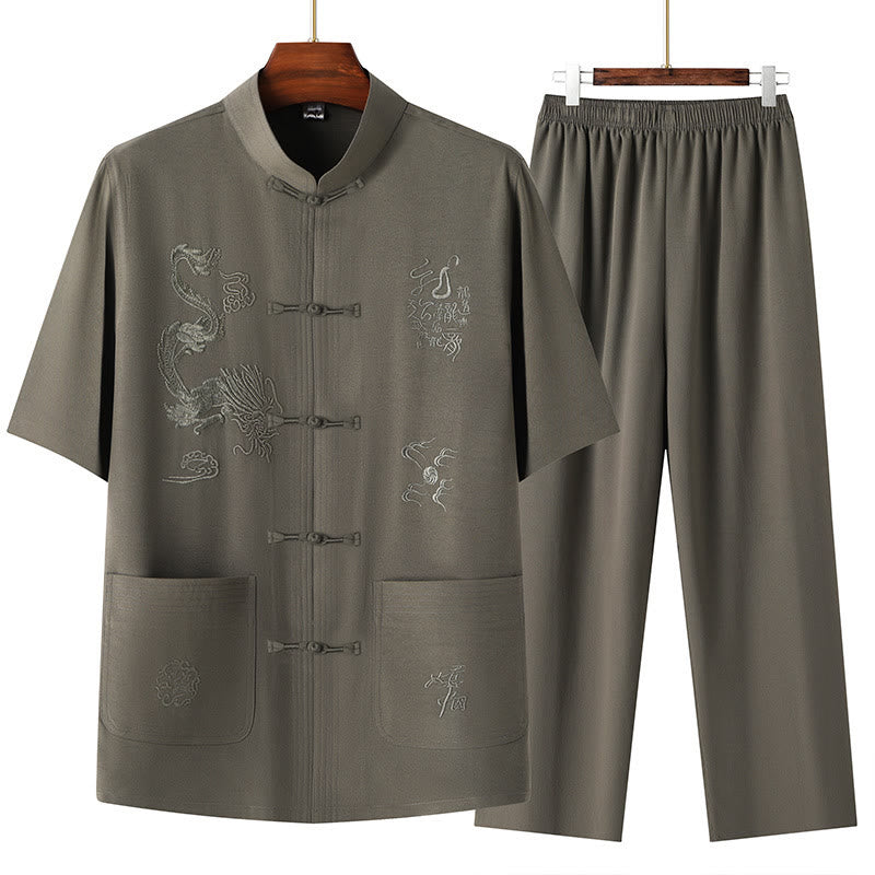 Buddha Stones Tang Suit Hanfu Chinese Dragon Traditional Kung Fu Uniform Short Sleeve Tops and Pants Clothing Men's Set - Army Green - US/UK/AU44,EU54 (4XL) - image 2