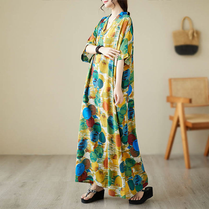 Buddha Stones Orange Blue Colorful Polka Dots Midi Dress Cotton Half Sleeve Dress With Pockets