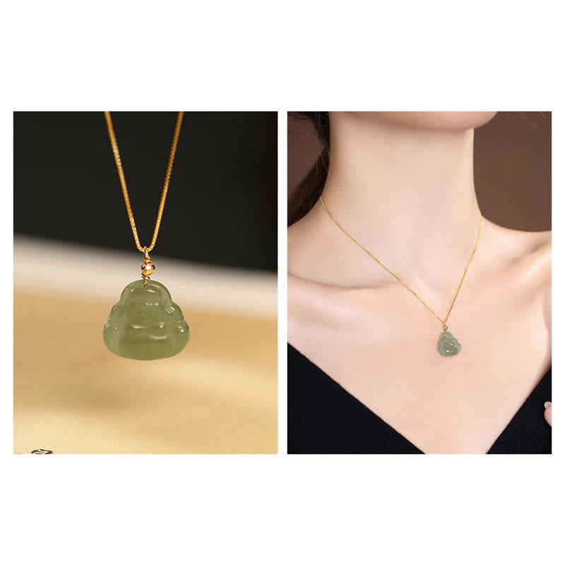 925 Sterling Silver Natural Hetian Jade Cyan Jade Luck Laughing Buddha Butterfly Necklace Pendant - image 5