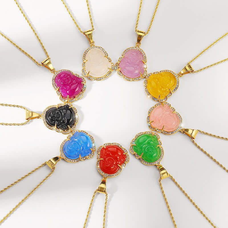 Buddha Stones 18K Gold Filled Laughing Buddha Jade Luck Necklace Chain Pendant - image 2