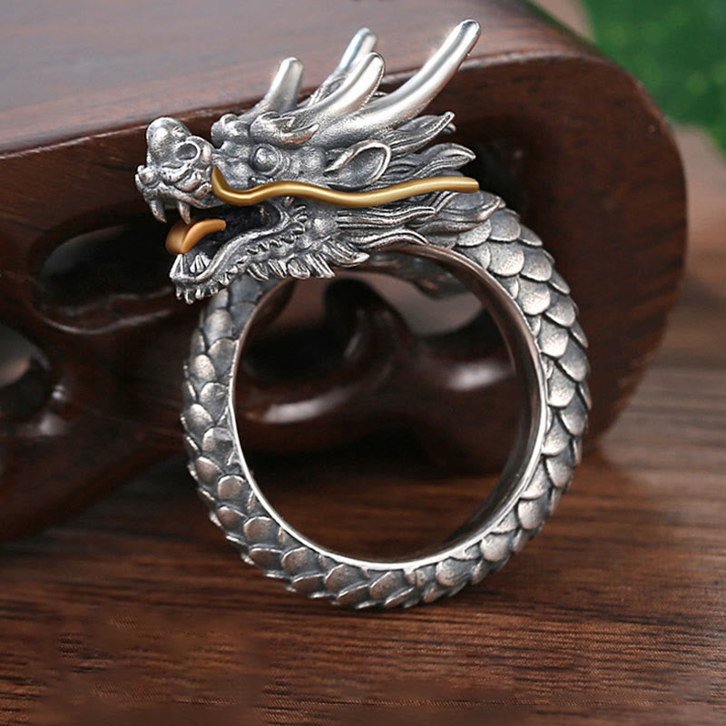 Buddha Stones 925 Sterling Silver Vintage Dragon Design Protection Strength Adjustable Ring - image 10