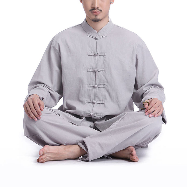 Buddha Stones Chinese Frog Button Design Meditation Prayer Cotton Linen Spiritual Zen Practice Yoga Clothing Men's Set - Gray(Long Sleeve) - US/UK/AU44,EU54 (3XL) - image 0