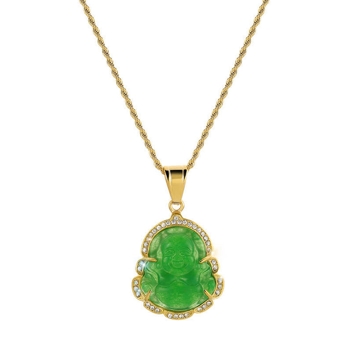 Buddha Stones 18K Gold Filled Laughing Buddha Jade Luck Necklace Chain Pendant - Green - image 3