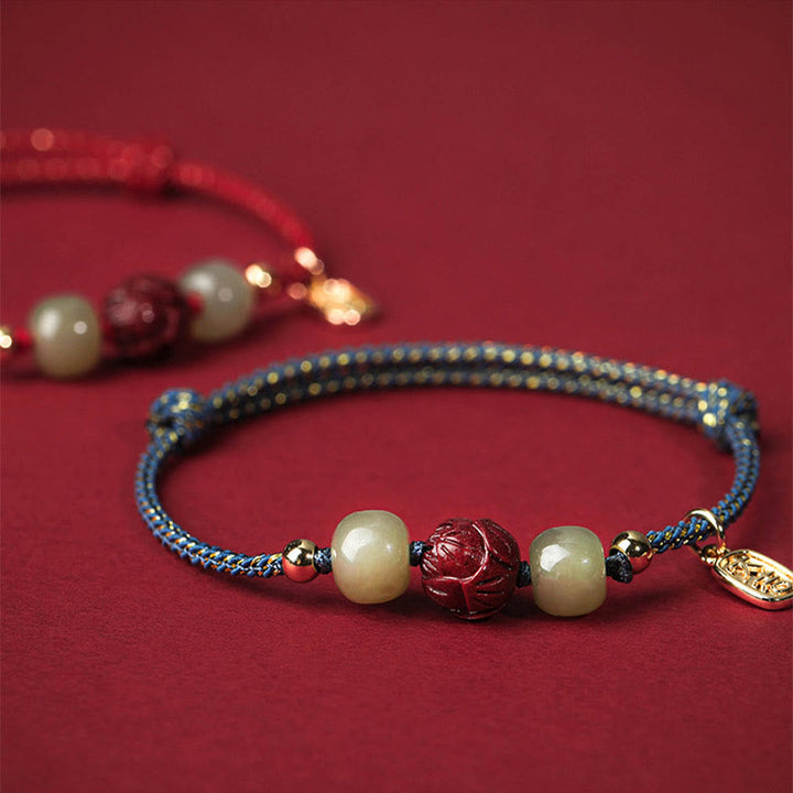 Buddha Stones 14K Gold Plated Hetian Jade Cinnabar Lotus Luck Handcrafted Rope Bracelet - image 8