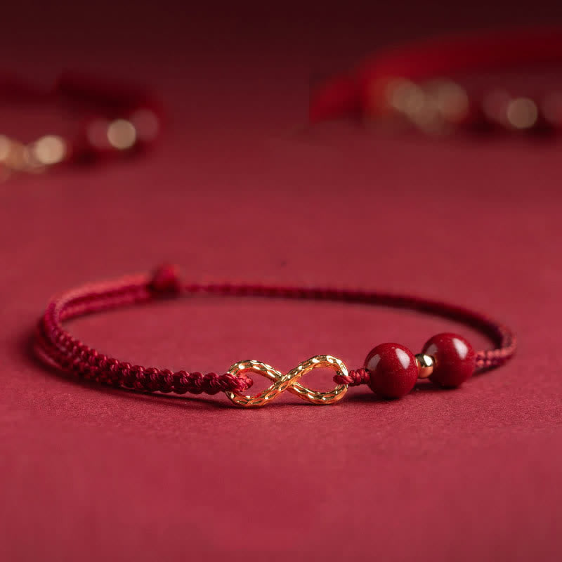 Buddha Stones Cinnabar Blessing Red String Golden Infinity Symbol Bracelet Anklet - Dark Red - Anklet(Anklet Circumference 16-26cm) - image 0