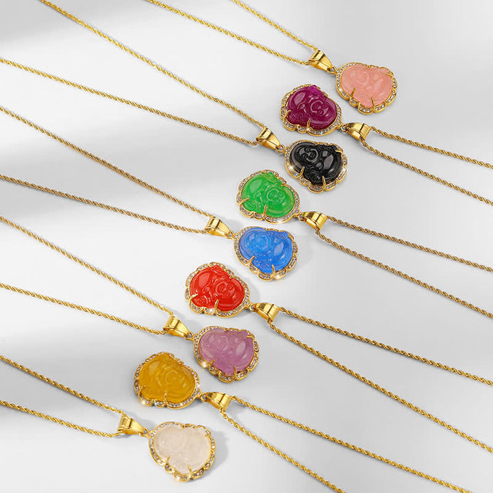 Buddha Stones 18K Gold Filled Laughing Buddha Jade Luck Necklace Chain Pendant - image 1