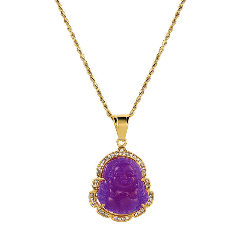 Buddha Stones 18K Gold Filled Laughing Buddha Jade Luck Necklace Chain Pendant - Purple - image 18
