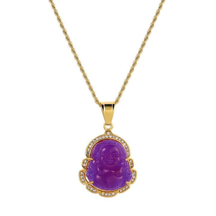 Buddha Stones 18K Gold Filled Laughing Buddha Jade Luck Necklace Chain Pendant - Purple - image 18
