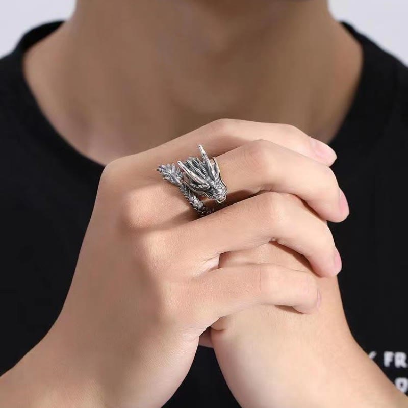 Buddha Stones 925 Sterling Silver Vintage Dragon Design Protection Strength Adjustable Ring - image 2