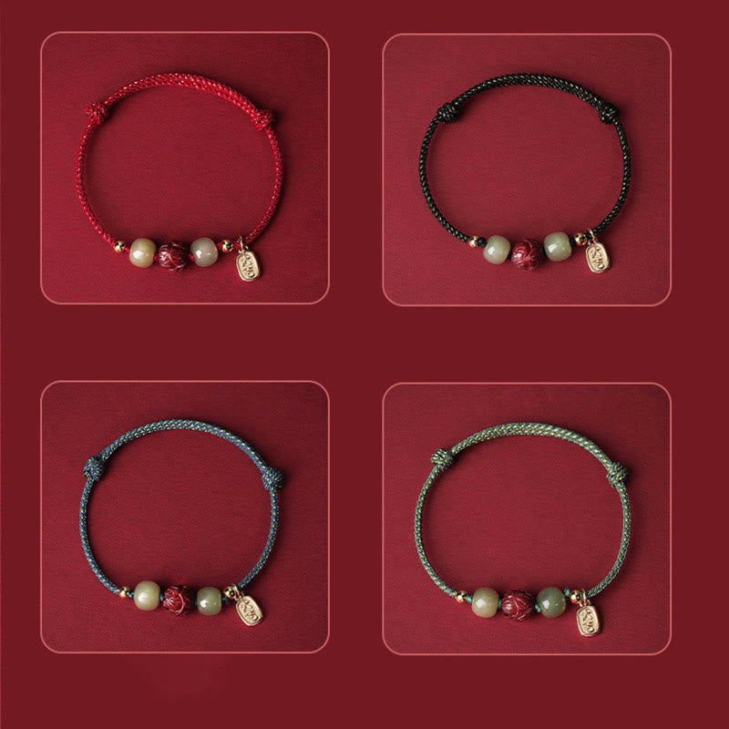 Buddha Stones 14K Gold Plated Hetian Jade Cinnabar Lotus Luck Handcrafted Rope Bracelet - image 14